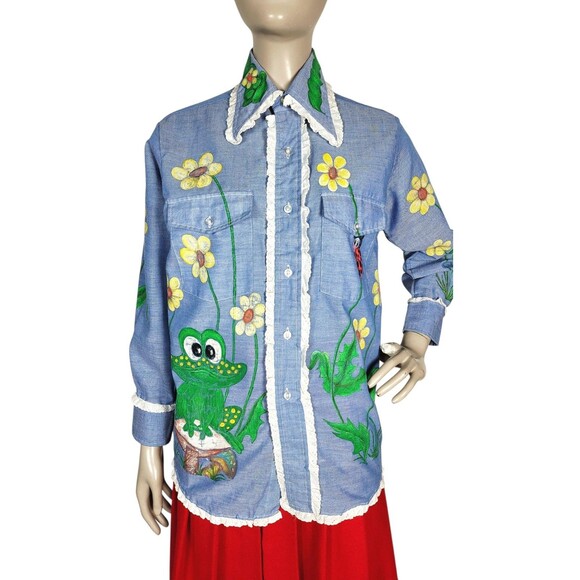 VTG 70s Artsy Hand Painted Eyelet Lace Trim Frog Turtle Ladybug Bee Flowers Top - Picture 2 of 16